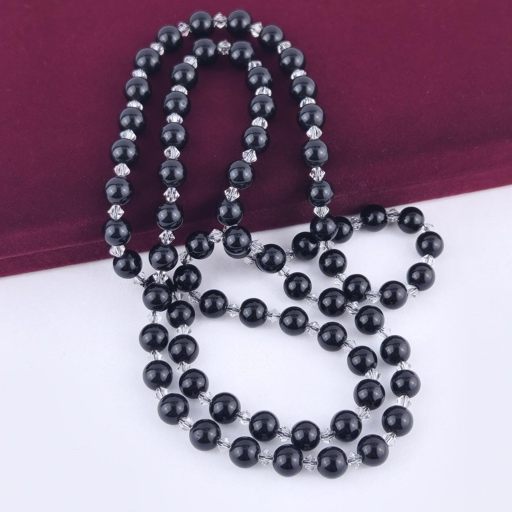 Vintage Black Bead Necklace Faceted Crystal Spacer Opera Length